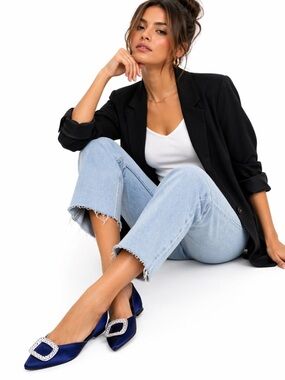 Roger Vivier Navy Satin Crystal Buckle D’Orsay Flats EU 35.5 (Fits 36.5)